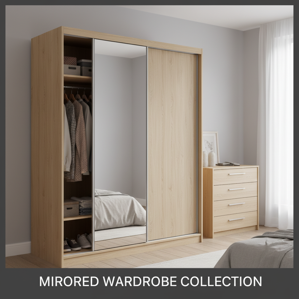 Contemporary white mirrored wardrobe with sleek handles and dressing mirror