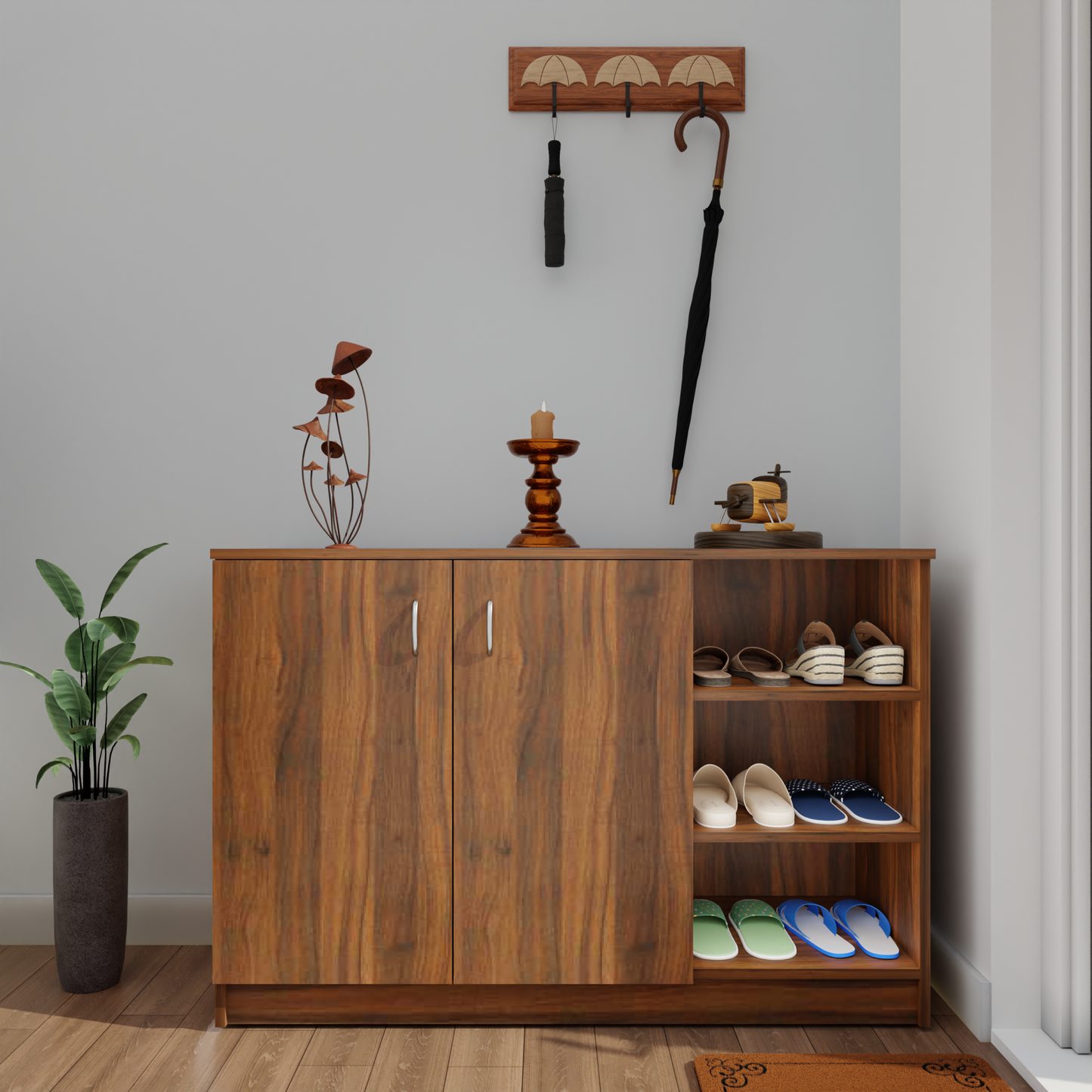 KAYA | Two Door and One Open Shoe Rack VIKI FURNITURE Brussel Walnut