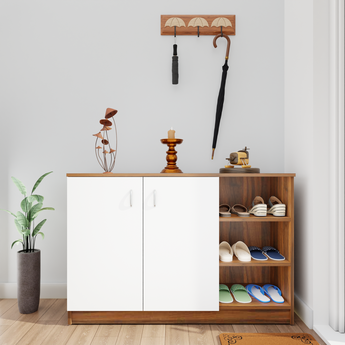 KAYA | Two Door and One Open Shoe Rack  VIKI FURNITURE Brussel Walnut & Frosty White  