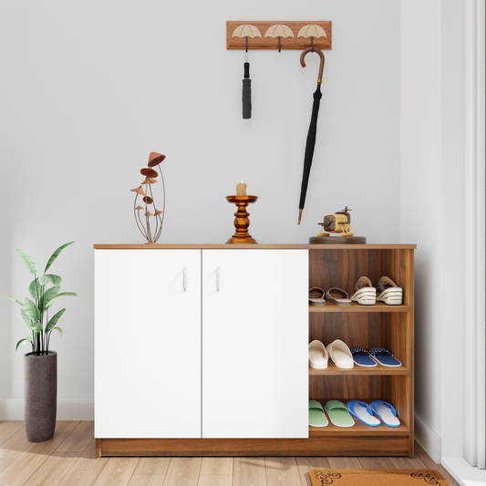 KAYA | Two Door and One Open Shoe Rack VIKI FURNITURE Brussel Walnut & Frosty White