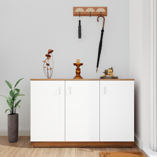 KAYA | Three Door Shoe Rack VIKI FURNITURE Brussel Walnut & Frosty White