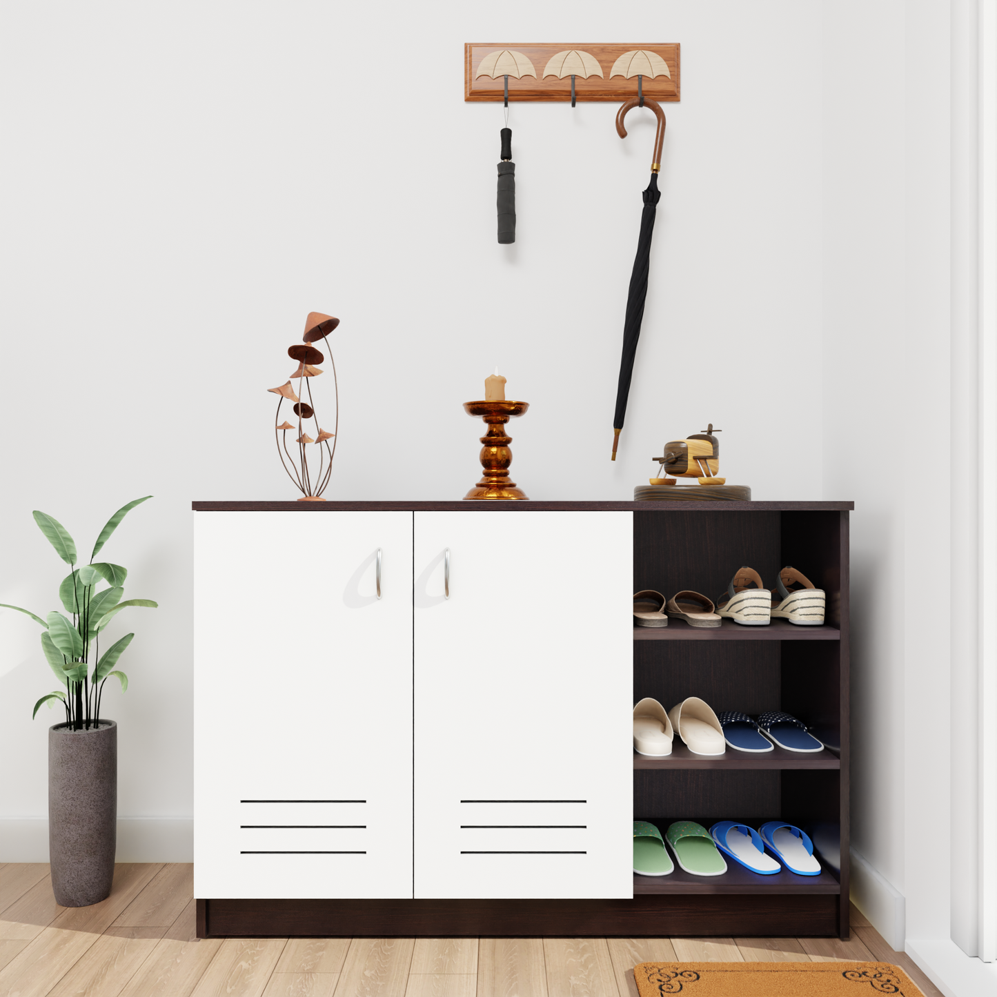 KAYA | Two Louver Door and One Open Shoe Rack  VIKI FURNITURE Dark Wenge & Frosty White  