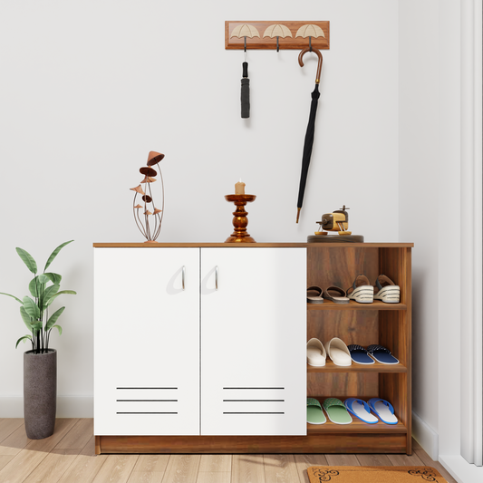 KAYA | Two Louver Door and One Open Shoe Rack VIKI FURNITURE Brussel Walnut & Frosty White