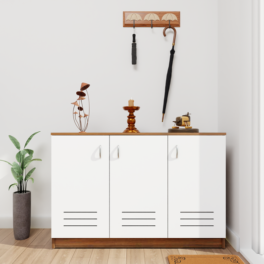 KAYA | Three Louver Door Shoe Rack VIKI FURNITURE Brussel Walnut & Frosty White