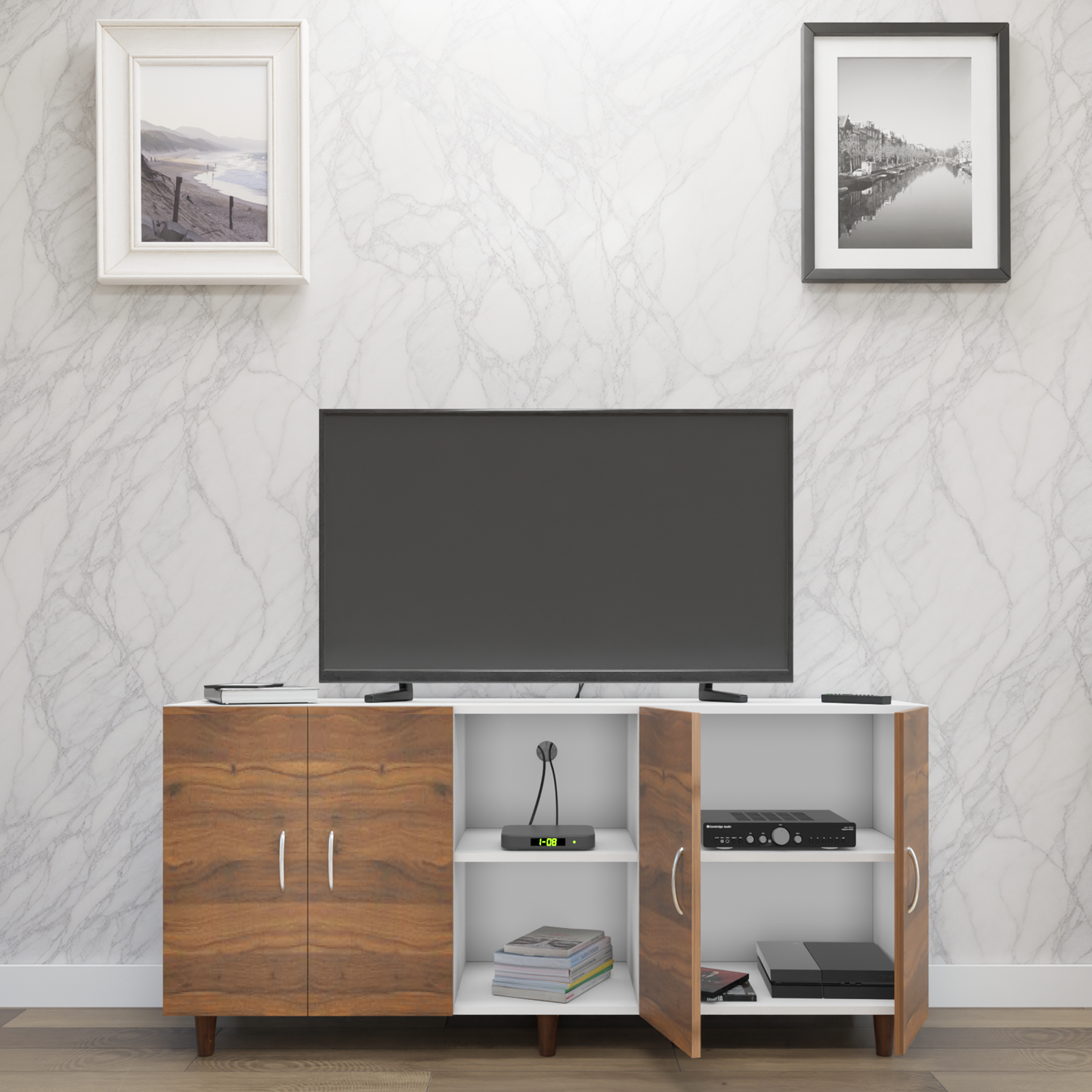 TV Unit | 4 Doors, Open Shelves | Dual Color TV & Entertainment Unit VIKI FURNITURE
