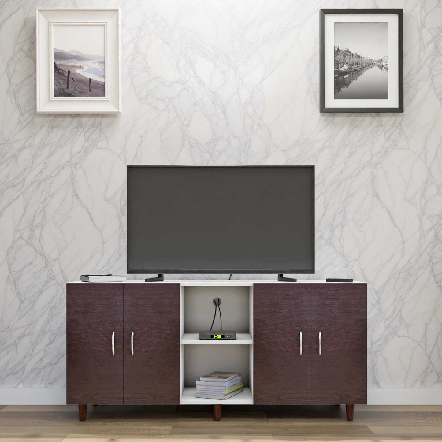 TV Unit | 4 Doors, Open Shelves | Dual Color TV & Entertainment Unit VIKI FURNITURE