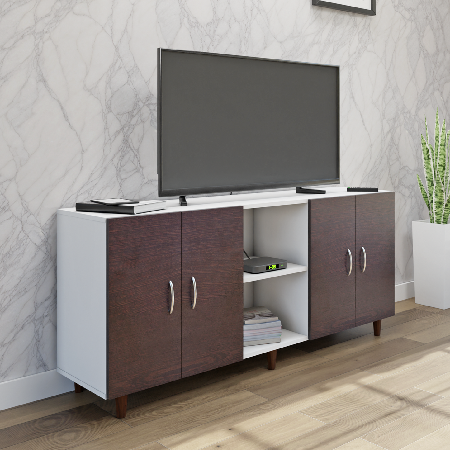 TV Unit | 4 Doors, Open Shelves | Dual Color TV & Entertainment Unit VIKI FURNITURE Frosty White with Dark Wenge