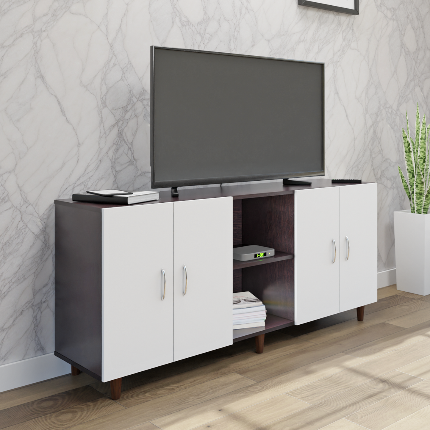 TV Unit | 4 Doors, Open Shelves | Dual Color TV & Entertainment Unit VIKI FURNITURE Dark Wenge with Frosty White