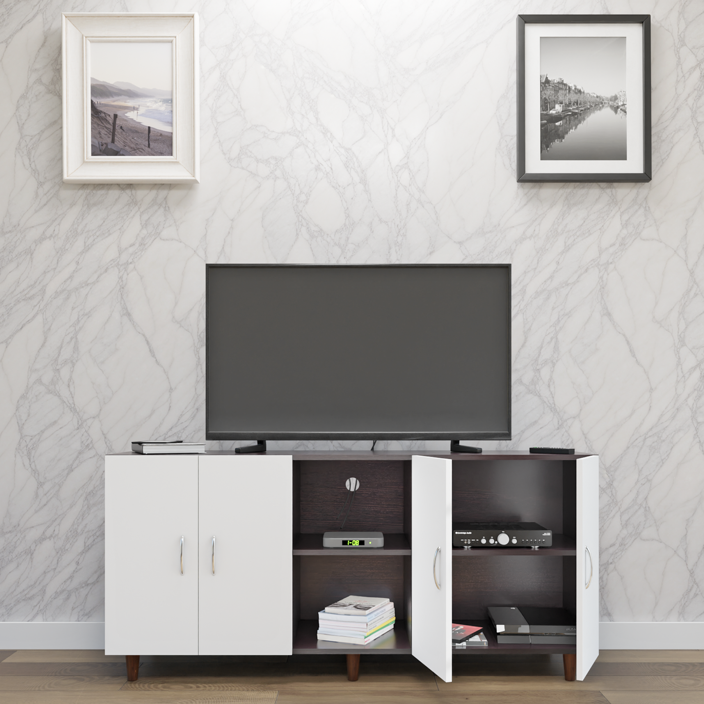 TV Unit | 4 Doors, Open Shelves | Dual Color TV & Entertainment Unit VIKI FURNITURE