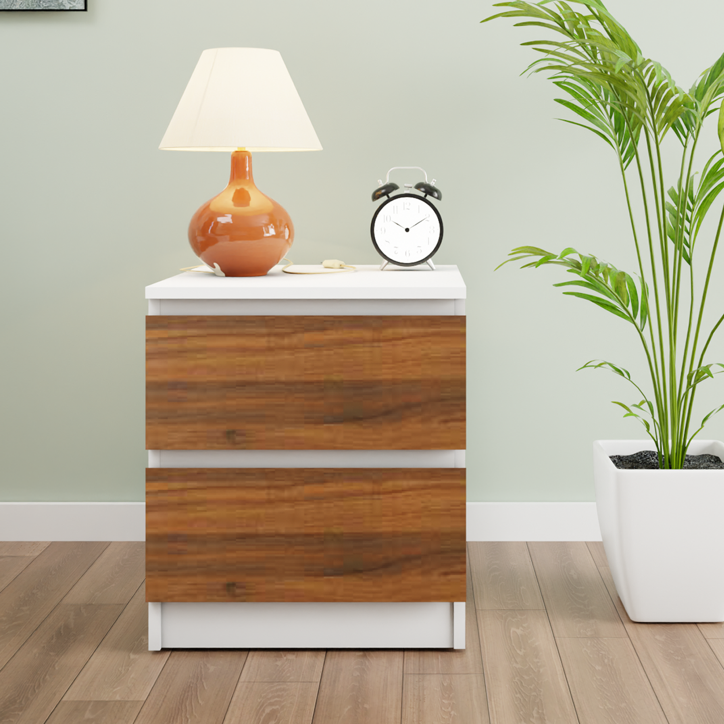PARA | Chest of 2 Drawer, Frosty white, Brussel Walnut | Suede Finish Drawer Units VIKI FURNITURE Frosty White & Brussel Walnut