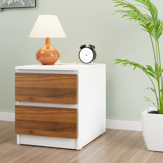 PARA | Chest of 2 Drawer, Frosty white, Brussel Walnut | Suede Finish Drawer Units VIKI FURNITURE
