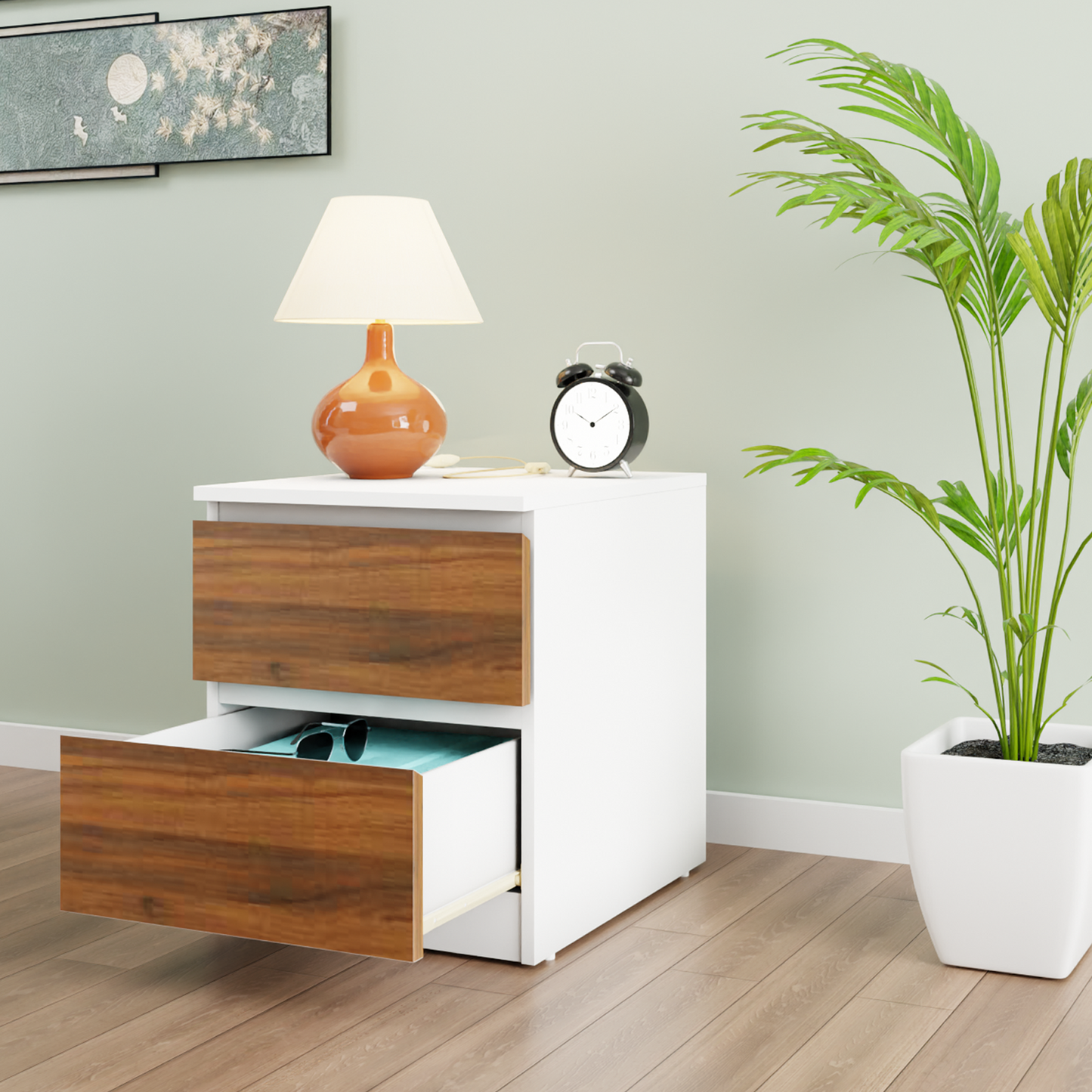 PARA | Chest of 2 Drawer, Frosty white, Brussel Walnut | Suede Finish Drawer Units VIKI FURNITURE