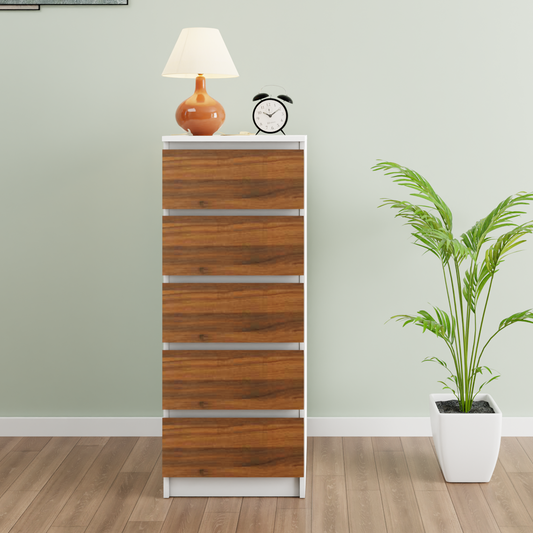 PARA | Chest of 5 Drawer, Frosty white, Brussel Walnut | Suede Finish Drawer Units VIKI FURNITURE