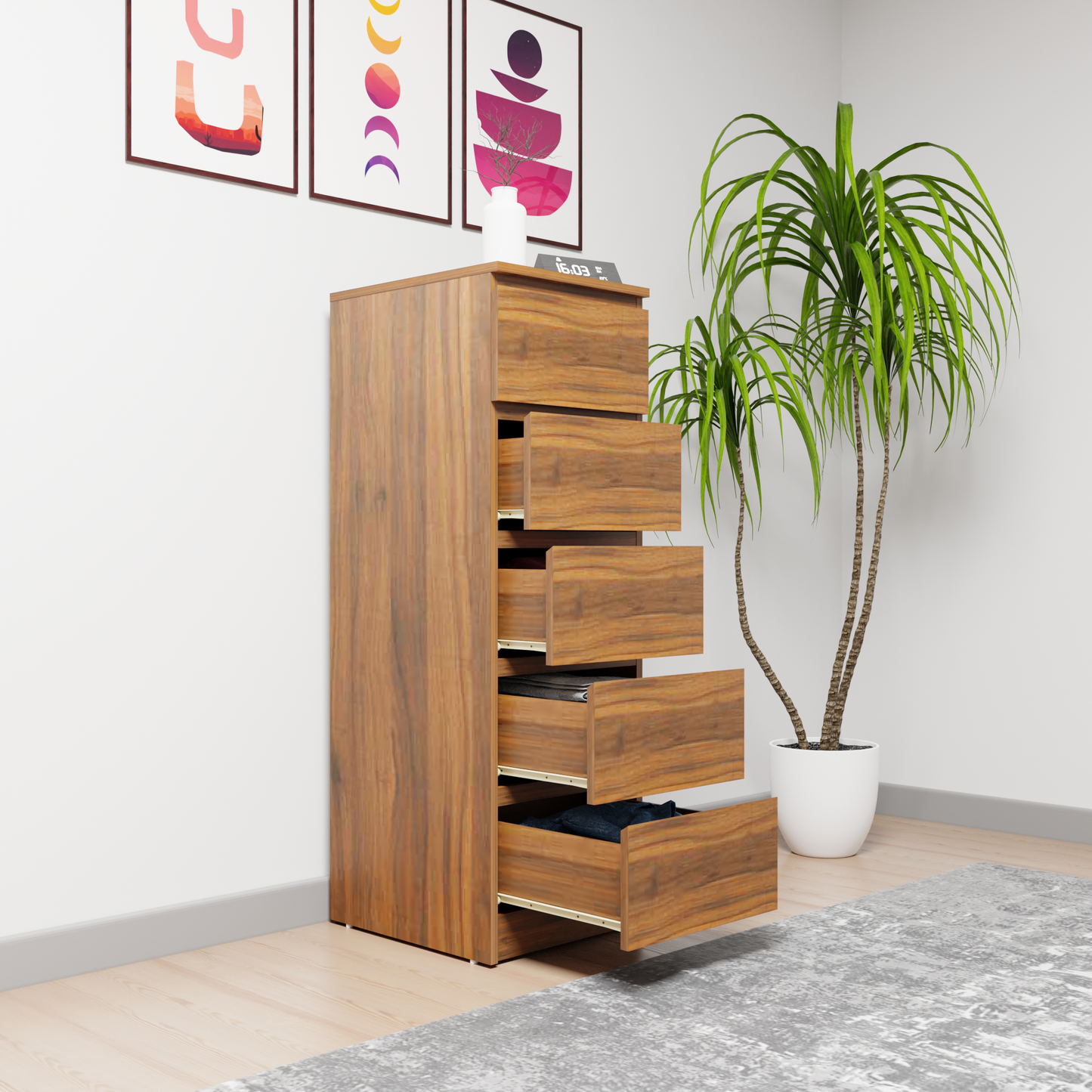 PARA | Chest of 5 Drawer, Frosty white, Dark Wenge and Brussel Walnut | Suede Finish Drawer Units VIKI FURNITURE