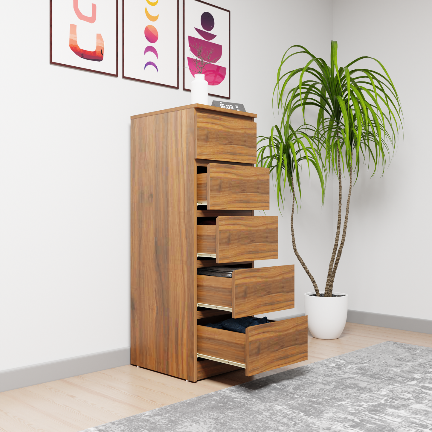 PARA | Chest of 5 Drawer, Frosty white, Dark Wenge and Brussel Walnut | Suede Finish Drawer Units VIKI FURNITURE   