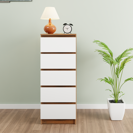 PARA | Chest of 5 Drawer, Brussel Walnut, Frosty white | Suede Finish Drawer Units VIKI FURNITURE