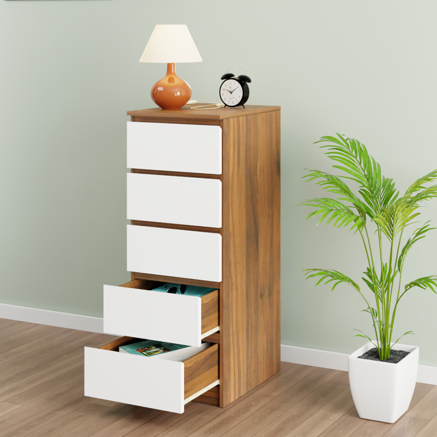 PARA | Chest of 5 Drawer, Brussel Walnut, Frosty white | Suede Finish Drawer Units VIKI FURNITURE