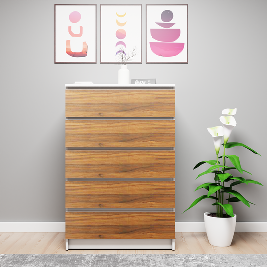 PARA | Chest of 5 Drawer, Frosty white, Brussel Walnut | Suede Finish Drawer Units VIKI FURNITURE