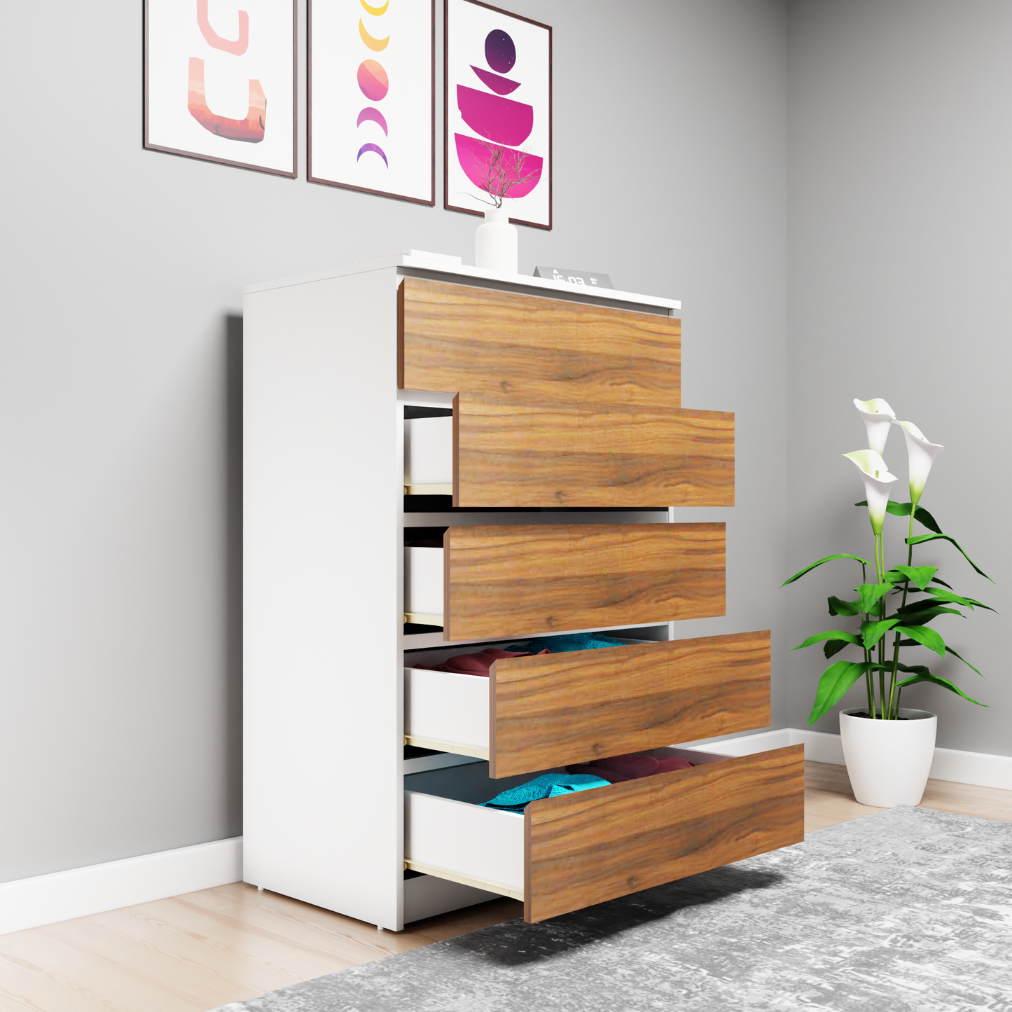 PARA | Chest of 5 Drawer, Frosty white, Brussel Walnut | Suede Finish Drawer Units VIKI FURNITURE