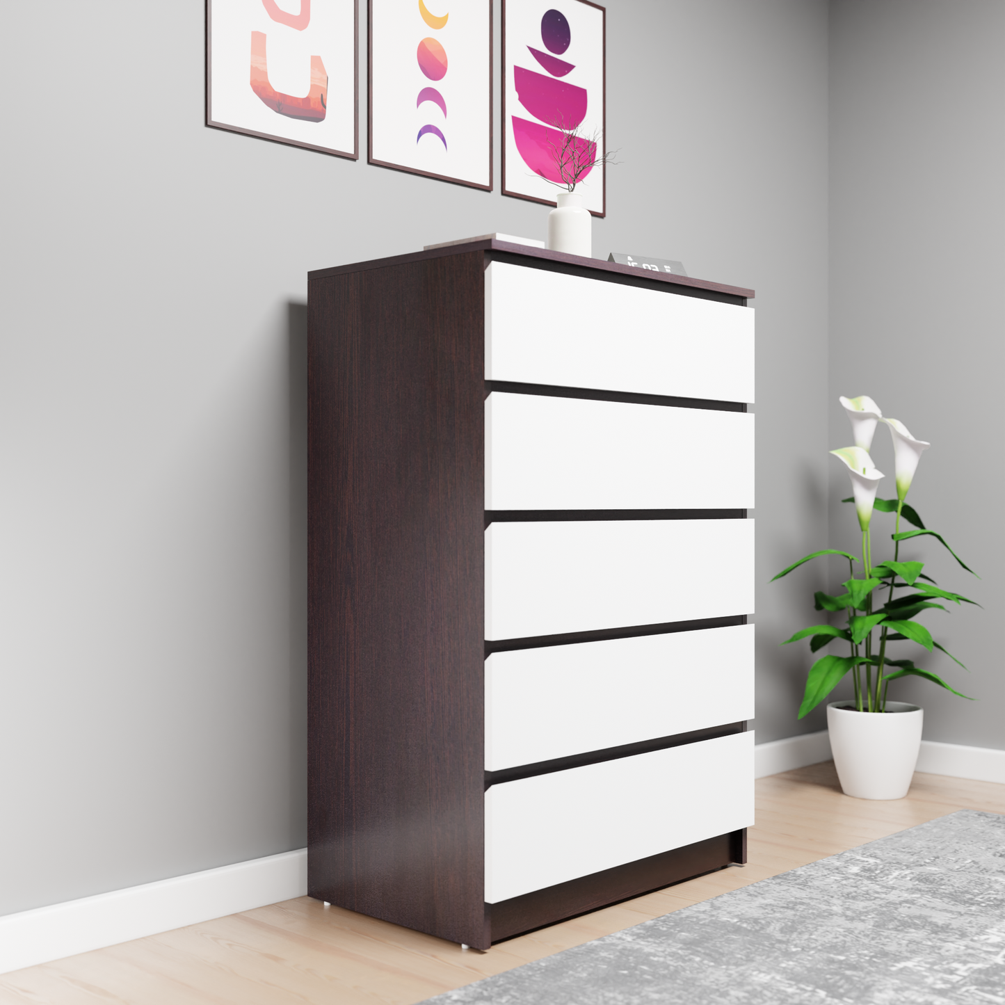 PARA | Chest of 5 Drawer, Dark Wenge, Frosty White | Suede Finish Drawer Units VIKI FURNITURE Dark Wenge & Frosty White