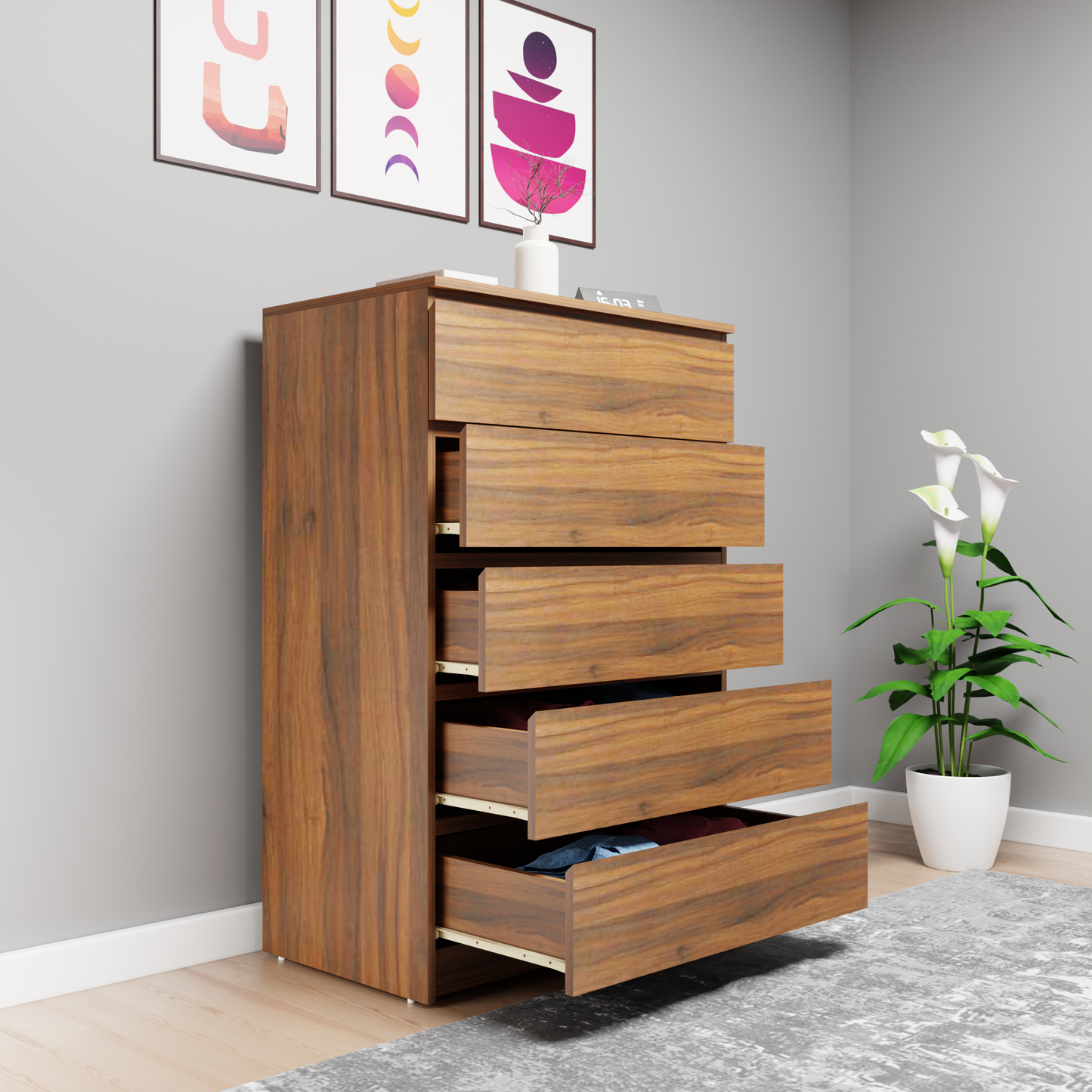 PARA | Chest of 5 Drawer, Frosty white, Dark Wenge and Brussel Walnut | Suede Finish Drawer Units VIKI FURNITURE   