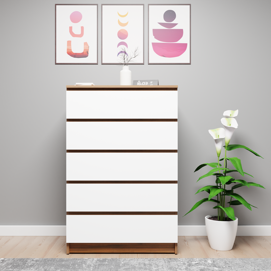 PARA | Chest of 5 Drawer, Brussel Walnut, Frosty white | Suede Finish Drawer Units VIKI FURNITURE