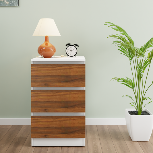 PARA | Chest of 3 Drawer, Frosty white, Brussel Walnut | Suede Finish Drawer Units VIKI FURNITURE