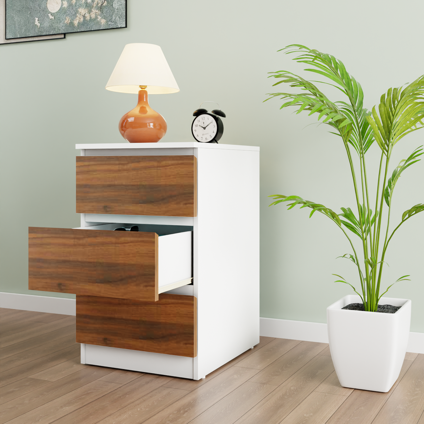 PARA | Chest of 3 Drawer, Frosty white, Brussel Walnut | Suede Finish Drawer Units VIKI FURNITURE