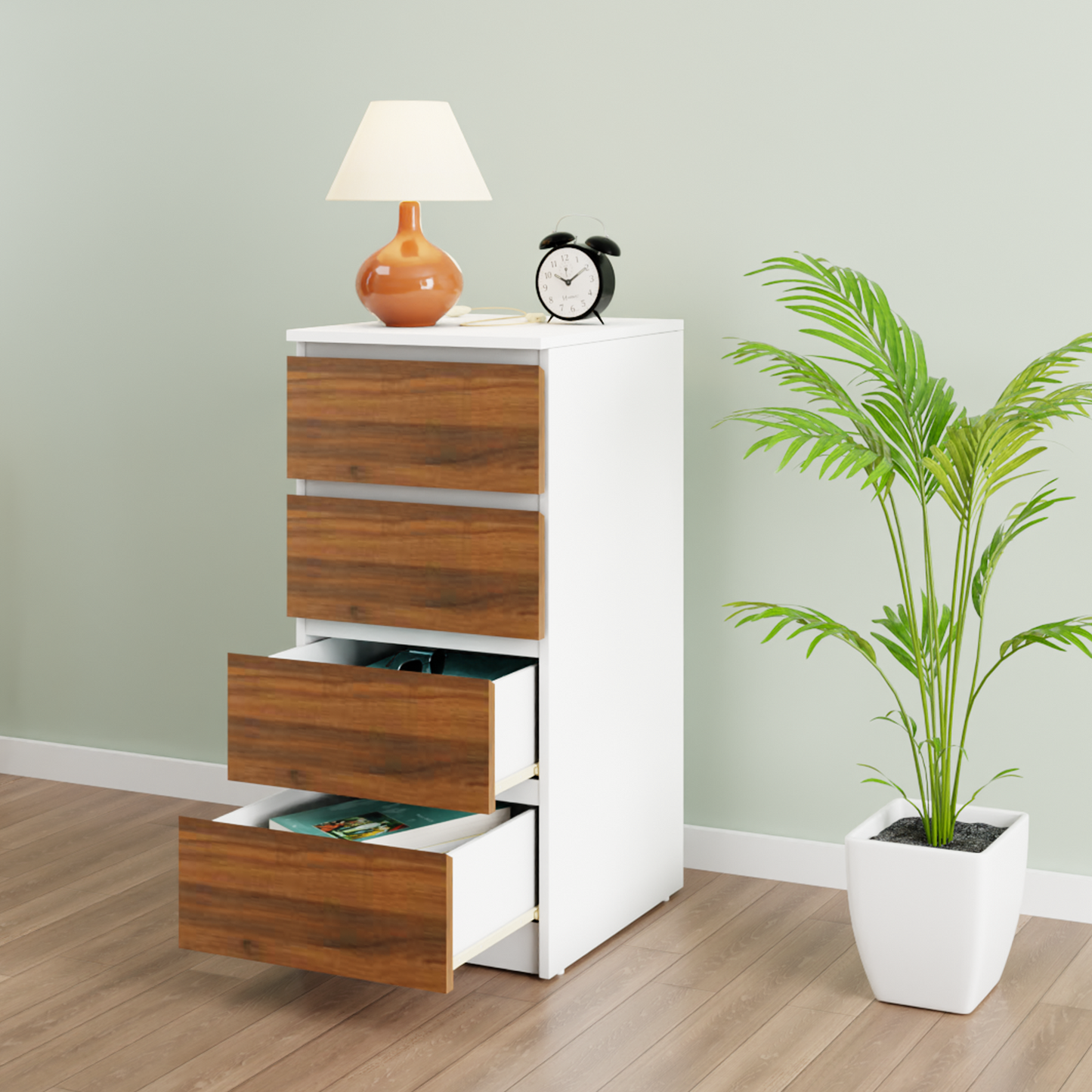 PARA | Chest of 4 Drawer, Frosty white, Brussel Walnut | Suede Finish Drawer Units VIKI FURNITURE