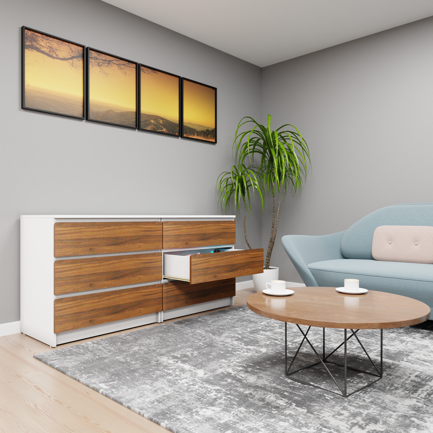 PARA | Chest of 6 Drawer, Frosty white, Brussel Walnut | Suede Finish Drawer Units VIKI FURNITURE