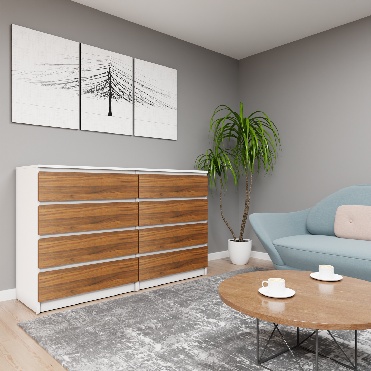 PARA | Chest of 8 Drawer, Frosty white, Brussel Walnut | Suede Finish Drawer Units VIKI FURNITURE Frosty White & Brussel Walnut