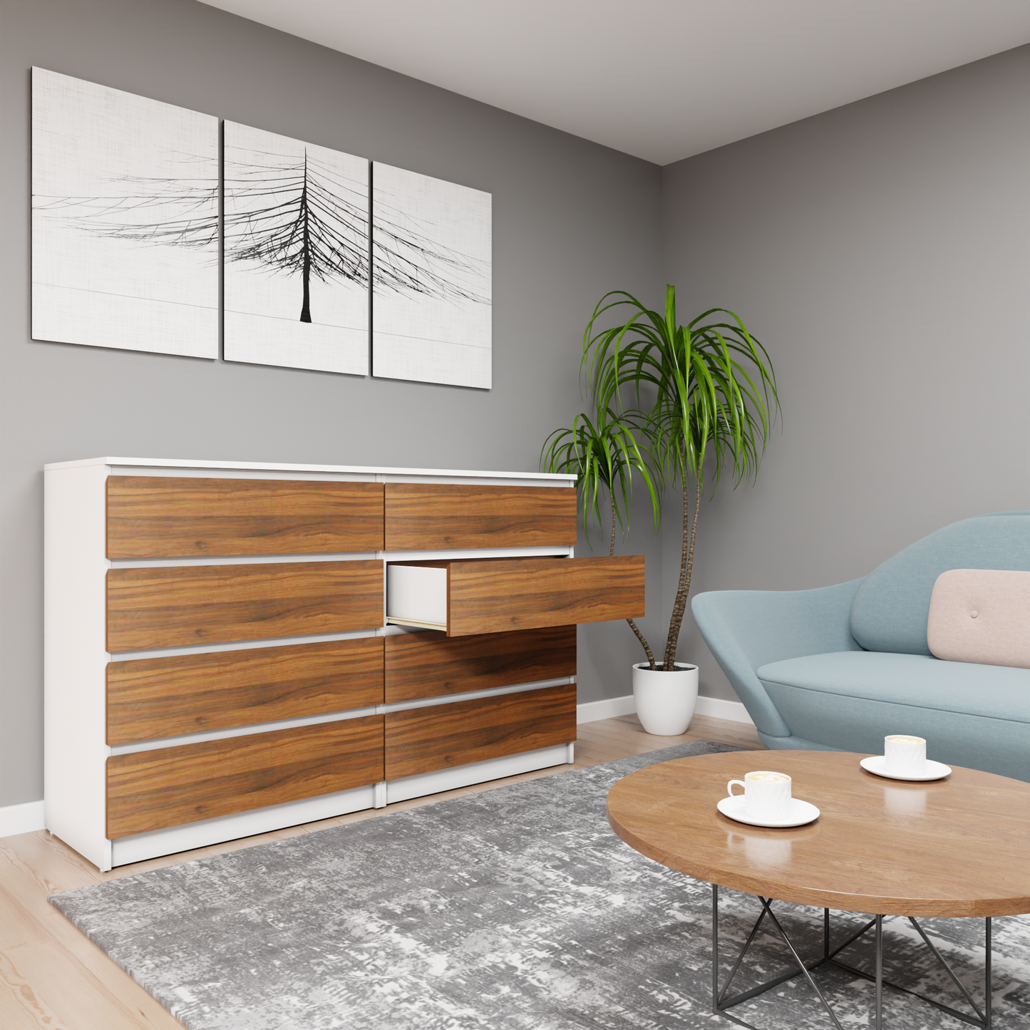 PARA | Chest of 8 Drawer, Frosty white, Brussel Walnut | Suede Finish Drawer Units VIKI FURNITURE