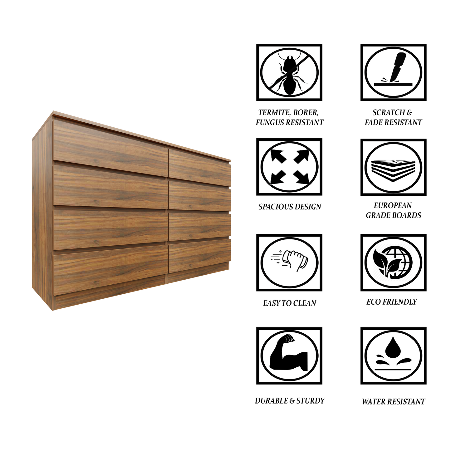 PARA | Chest of 8 Drawer, Frosty white, Dark Wenge and Brussel Walnut | Suede Finish Drawer Units VIKI FURNITURE