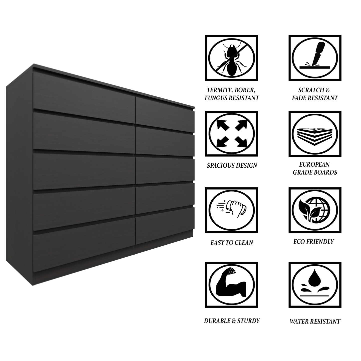 PARA | Chest of 10 Drawer, Frosty white, Dark Wenge and Brussel Walnut | Suede Finish VIKI FURNITURE
