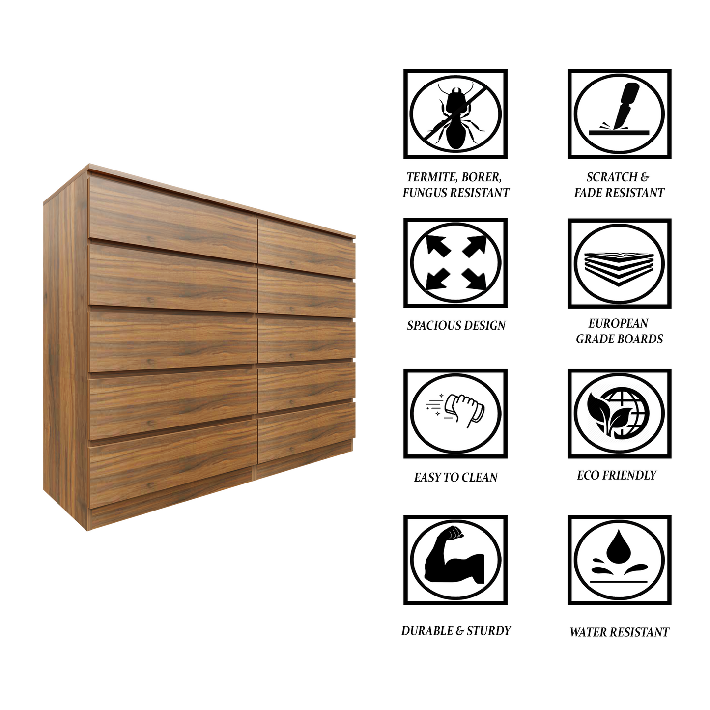 PARA | Chest of 10 Drawer, Frosty white, Dark Wenge and Brussel Walnut | Suede Finish VIKI FURNITURE