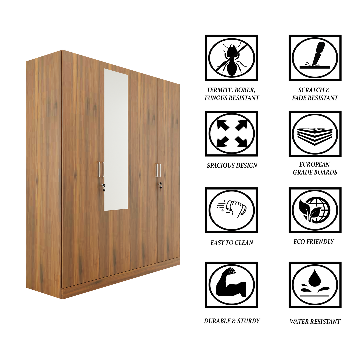 AVIRA |Wardrobe with Mirror, Hinged | 4 Door, 2 Inside Drawer Wardrobes VIKI FURNITURE