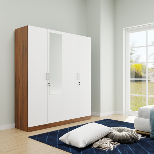 AVIRA |Wardrobe with Mirror, Hinged | 4 Door, 2 Inside Drawer Wardrobes VIKI FURNITURE Brussel Walnut with Frosty White