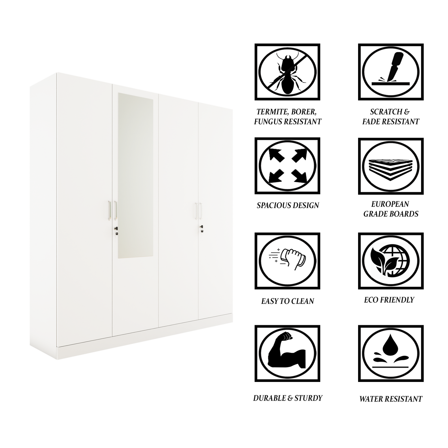 AVIRA |Wardrobe with Mirror, Hinged | 4 Door, Shelf, Hanging Space Wardrobes VIKI FURNITURE