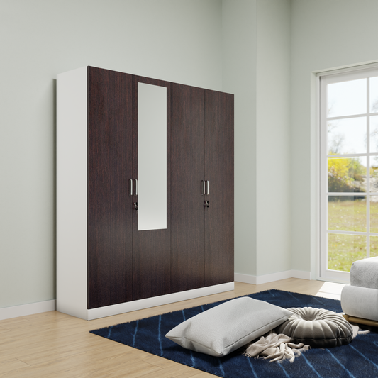AVIRA |Wardrobe with Mirror, Hinged | 4 Door, Shelf, Hanging Space Wardrobes VIKI FURNITURE Frosty White with Dark Wenge