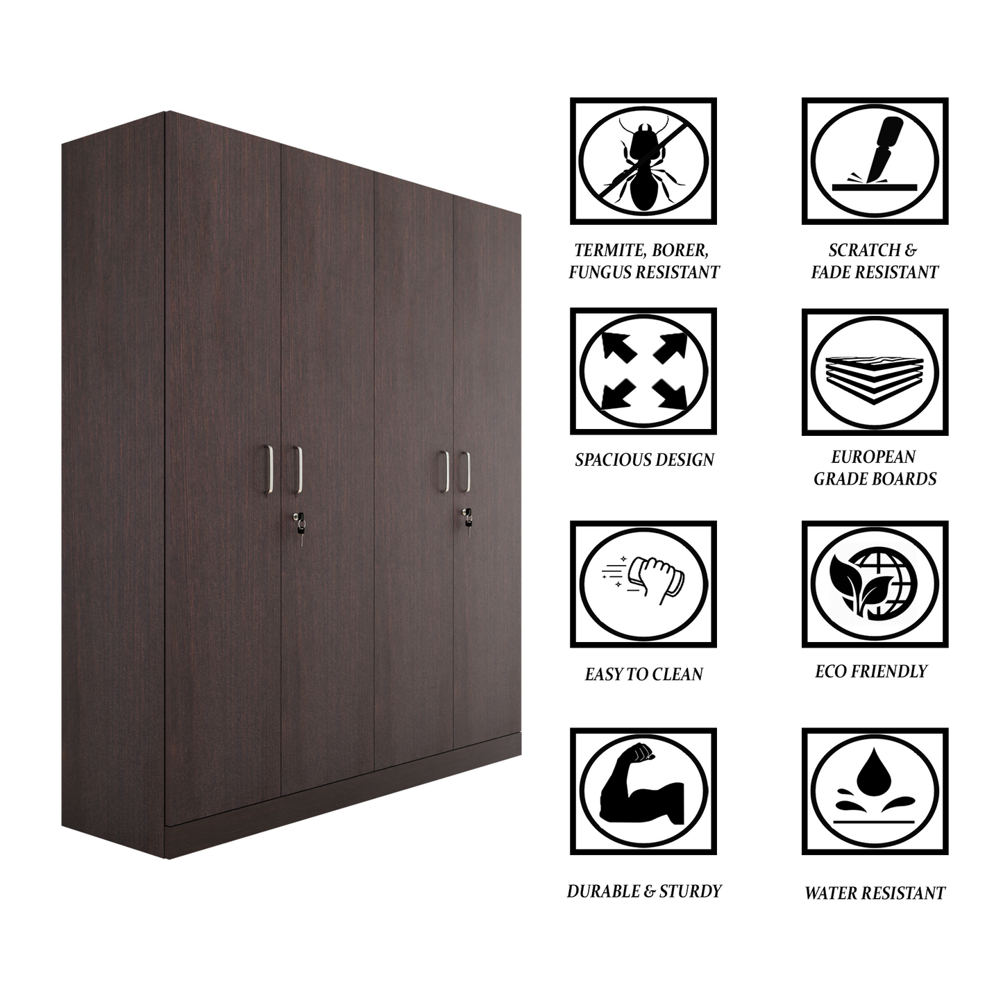 AVIRA |Wardrobe, Hinged | 4 Door, Shelf, Hanging Space Wardrobes VIKI FURNITURE