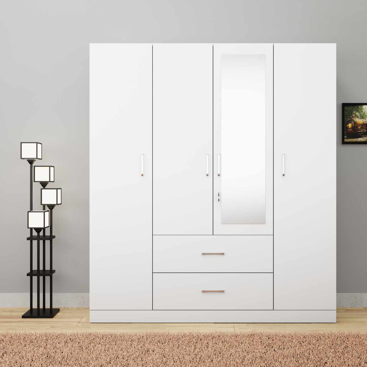 AVIRA |Wardrobe with Mirror, Hinged | 4 Door, 2 Drawer Wardrobes VIKI FURNITURE Frosty White  