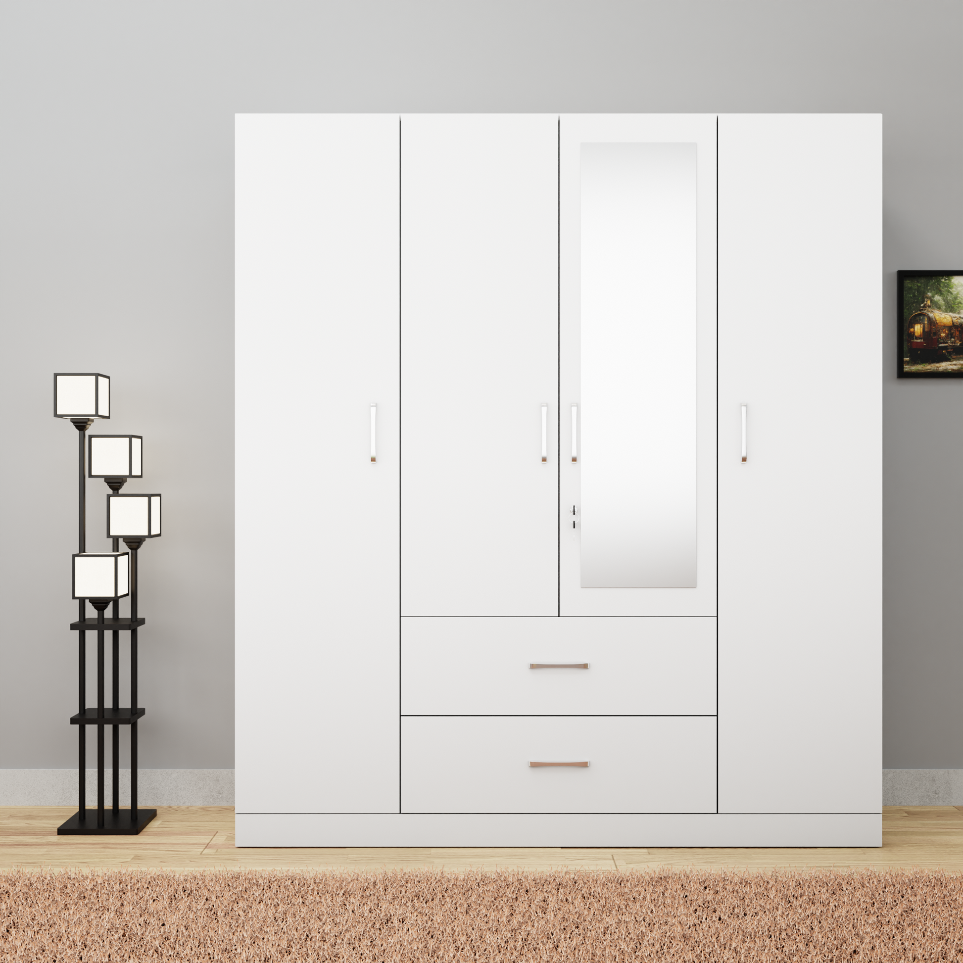 AVIRA |Wardrobe with Mirror, Hinged | 4 Door, 2 Drawer Wardrobes VIKI FURNITURE Frosty White