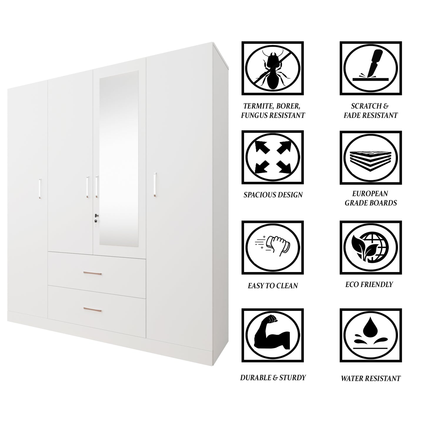 AVIRA |Wardrobe with Mirror, Hinged | 4 Door, 2 Drawer Wardrobes VIKI FURNITURE   