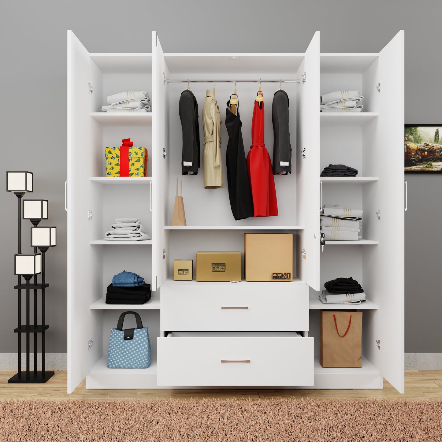 AVIRA |Wardrobe with Mirror, Hinged | 4 Door, 2 Drawer Wardrobes VIKI FURNITURE