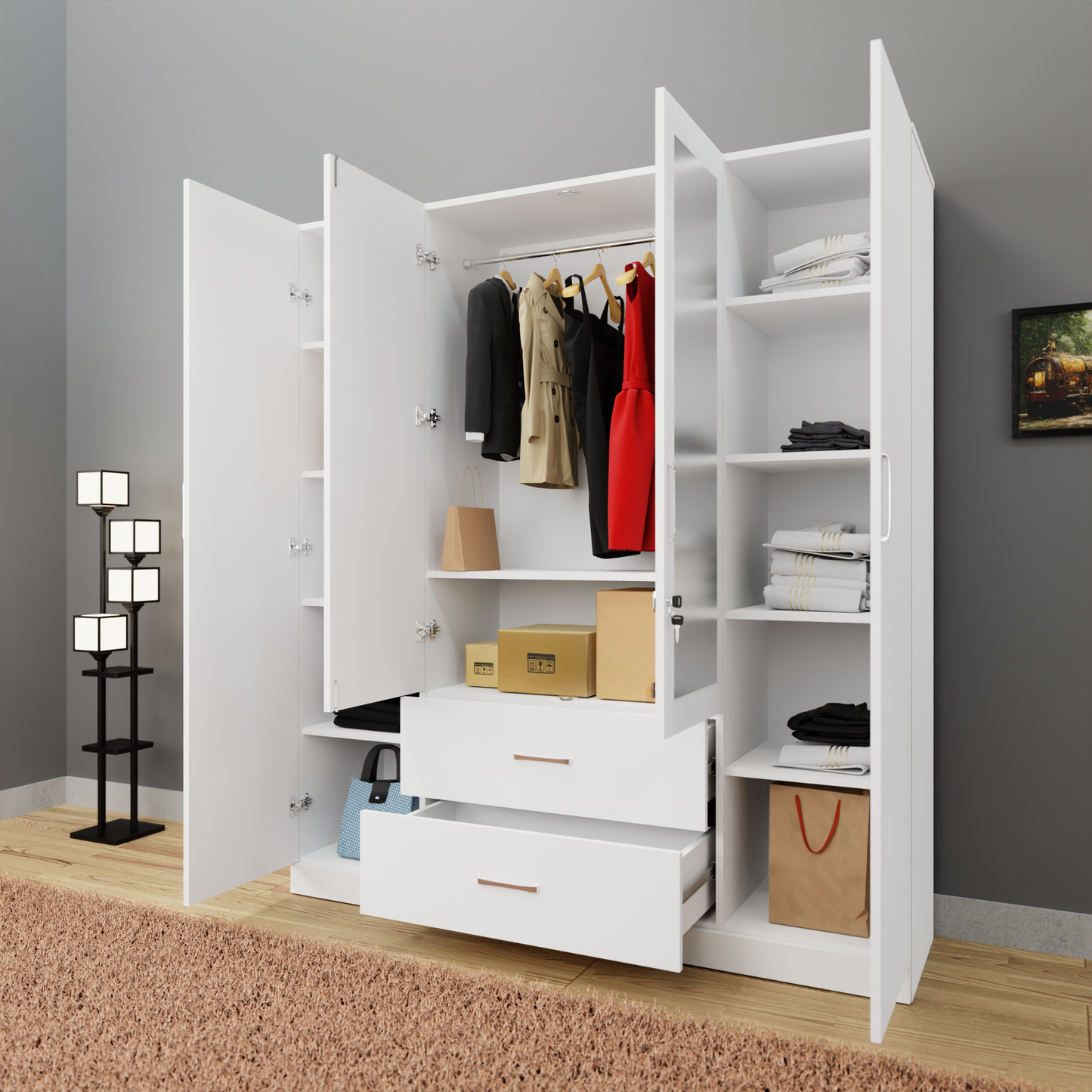 AVIRA |Wardrobe with Mirror, Hinged | 4 Door, 2 Drawer Wardrobes VIKI FURNITURE   