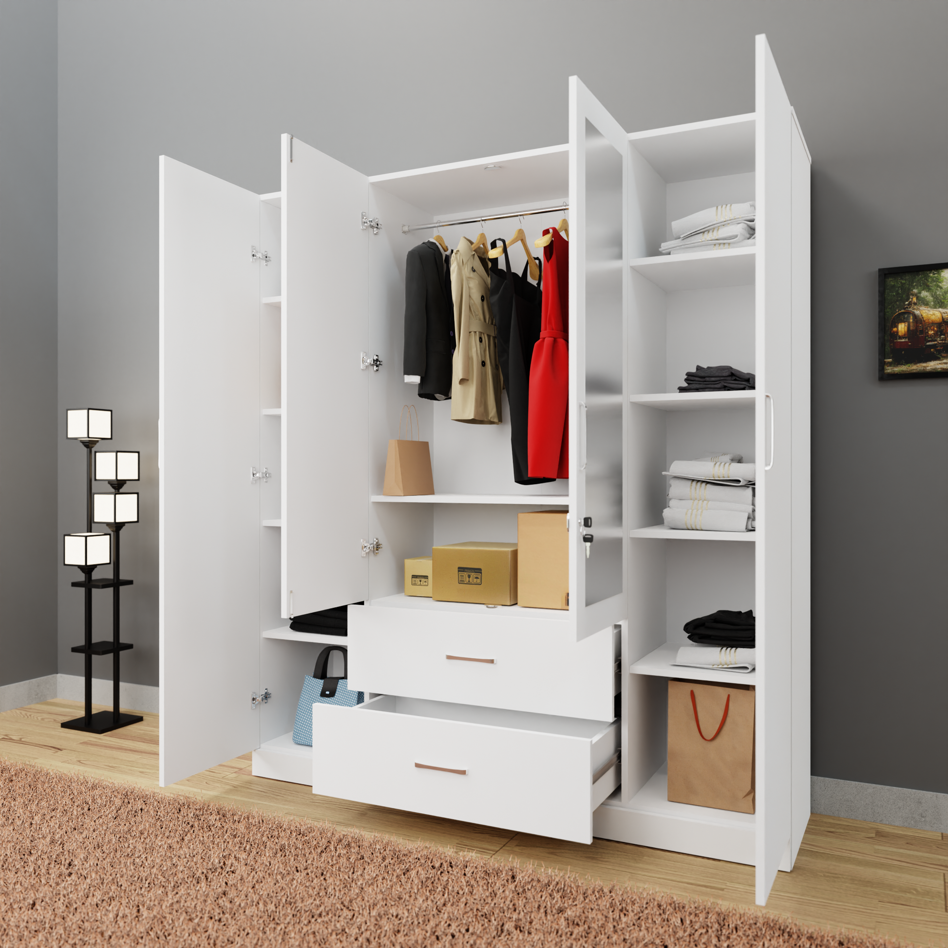AVIRA |Wardrobe with Mirror, Hinged | 4 Door, 2 Drawer Wardrobes VIKI FURNITURE