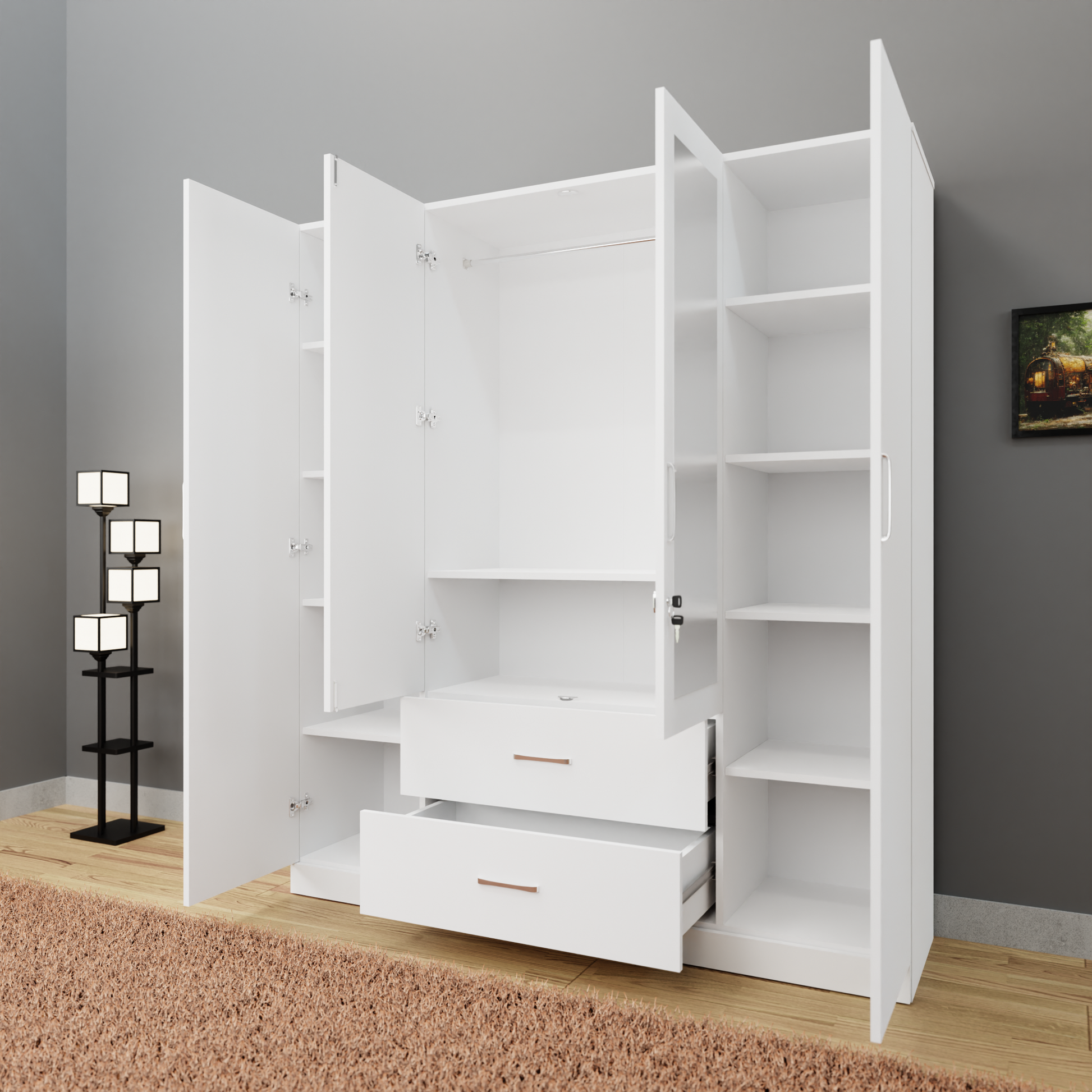 AVIRA |Wardrobe with Mirror, Hinged | 4 Door, 2 Drawer Wardrobes VIKI FURNITURE