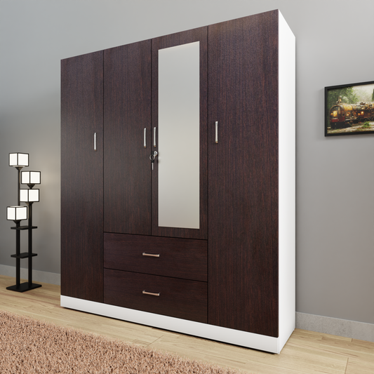 AVIRA |Wardrobe with Mirror, Hinged | 4 Door, 2 Drawer & Dual Color Wardrobes VIKI FURNITURE Frosty White & Dark Wenge