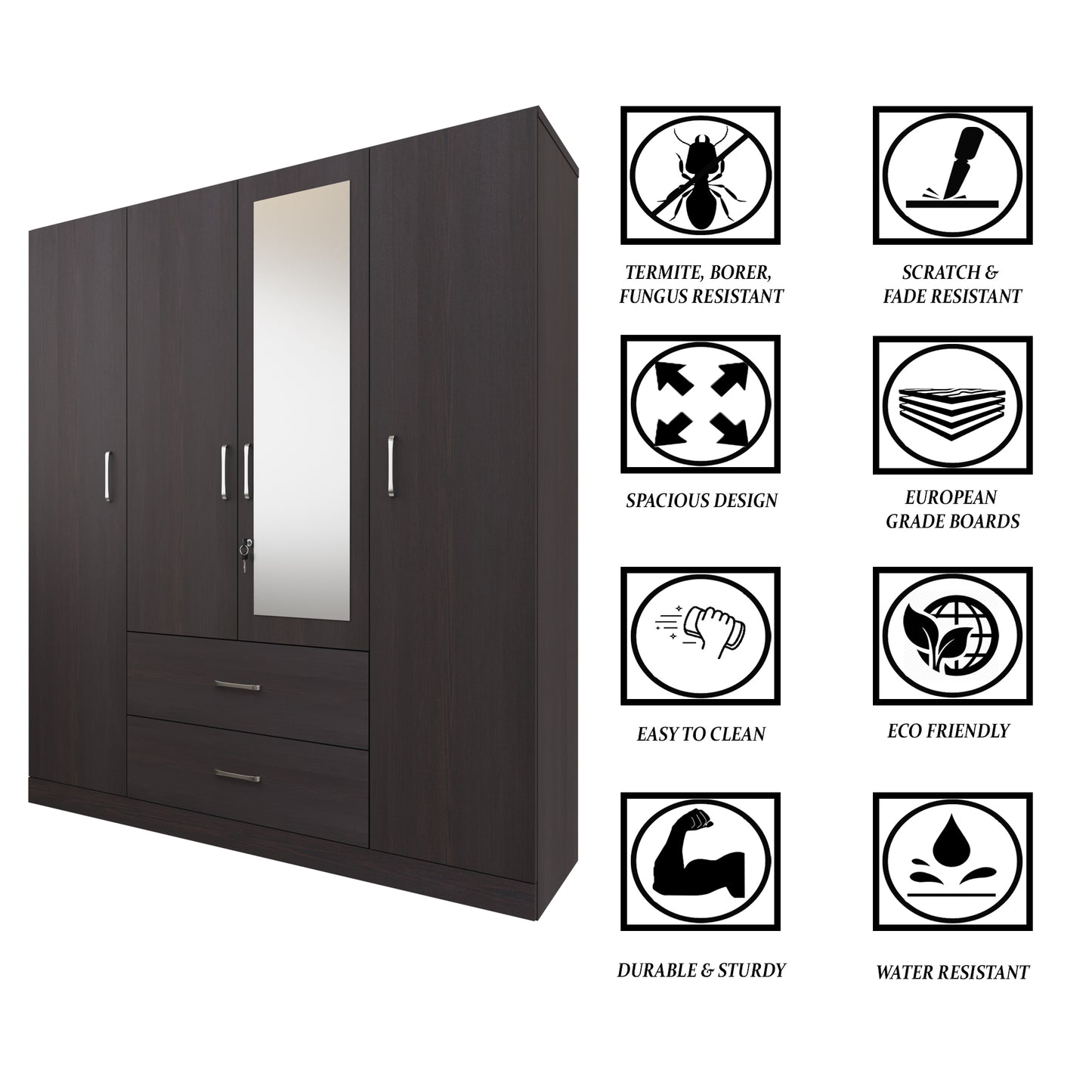 AVIRA |Wardrobe with Mirror, Hinged | 4 Door, 2 Drawer Wardrobes VIKI FURNITURE   