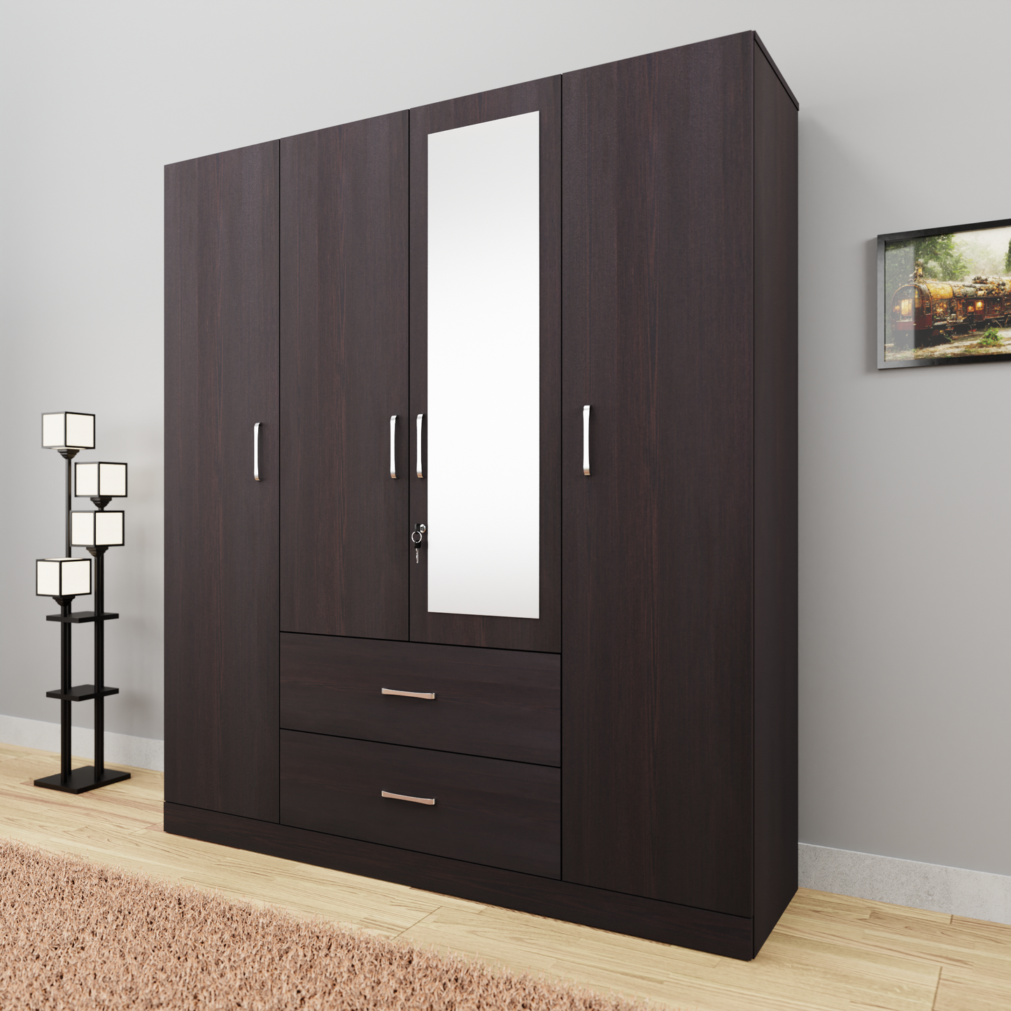 AVIRA |Wardrobe with Mirror, Hinged | 4 Door, 2 Drawer Wardrobes VIKI FURNITURE   